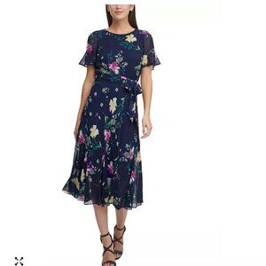 DKNY Belted Floral-print Georgette Midi Dress In Navy Multi